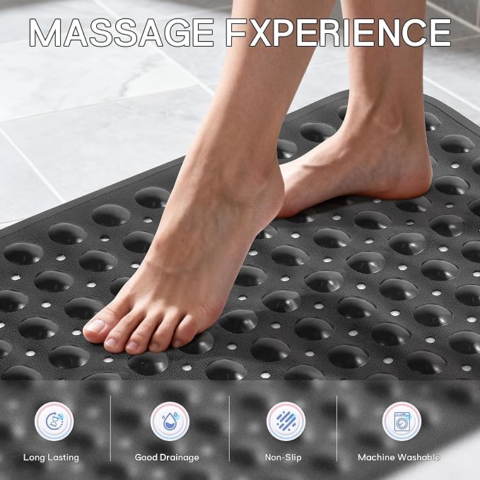 Anti-Slip Bathtub Shower mat, 28×15（ 70×37cm） inch Soft Oversized Machine Washable Non-Slip Bathtub mat with Drainage Holes, Bathroom Floor Suction Cup.（1-Opaque Black）