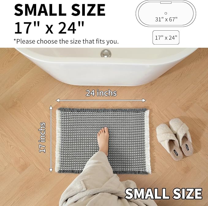 Waffle Bath Mat - Super Water Absorbing Bath Mat Quick Dry, Bathroom Rugs Non Slip Washable, Rubber Backed Bathroom Mat for Bathroom Floor, Tub and Shower, 17" x 24", Dark Grey & White