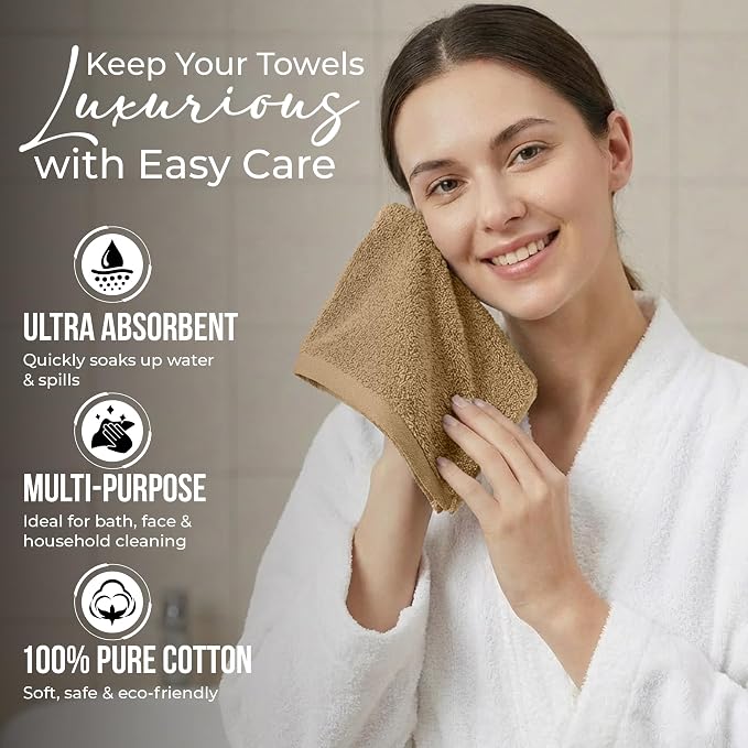 RIVERSIDE 12-Pack Premium 100% Cotton Tan Face Towels for Bathroom [12x12] - Reusable Luxury Face Wash Cloths for Showering - 550 GSM Super Soft & Absorbent Washcloths for Body, Spa & Gym