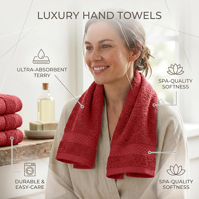 RIVERSIDE 6-Pack Premium Hand Towels Set, 16x28 inches, 100% Ring Spun Cotton, Super Soft, Quicker to Dry and Highly Absorbent, Towels for Bathroom, Kitchen, Gym, Spa, Classic Red