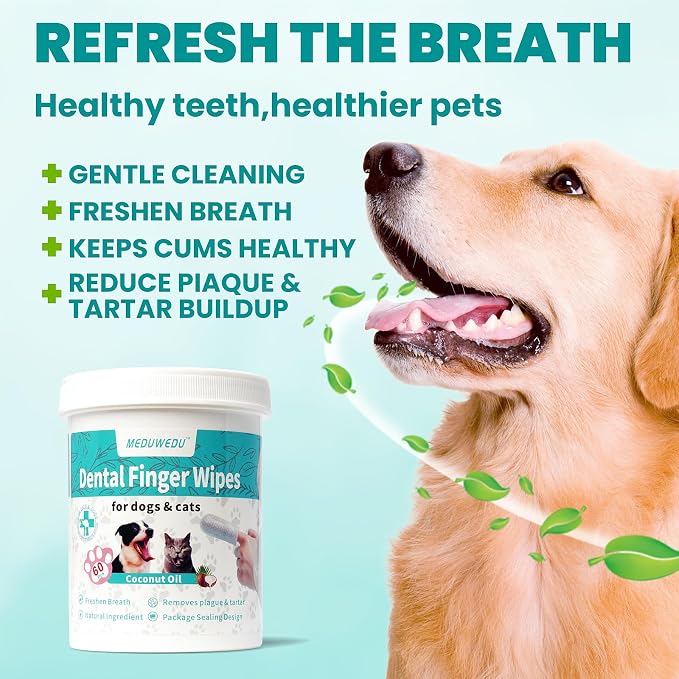 MEDUWEDU Wider Dental Care Finger Wipes 60 Counts,Teeth Cleaning Finger Wipes for Dogs & Cats,Reduces Plaque & Supports Oral Freshness, Coconut Scent