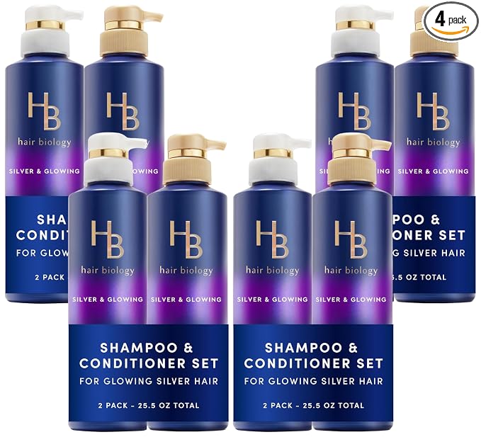 Hair Biology Biotin-Infused Purple Shampoo and Conditioner Set for Grey Hair, Anti-Brassiness, Moisturizing, Color-Safe, Silver & Glowing, Corrects Yellow Tones, 12.8 Fl Oz Each, 2 Count (Pack of 4)