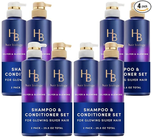 Hair Biology Biotin-Infused Purple Shampoo and Conditioner Set for Grey Hair, Anti-Brassiness, Moisturizing, Color-Safe, Silver & Glowing, Corrects Yellow Tones, 12.8 Fl Oz Each, 2 Count (Pack of 4)