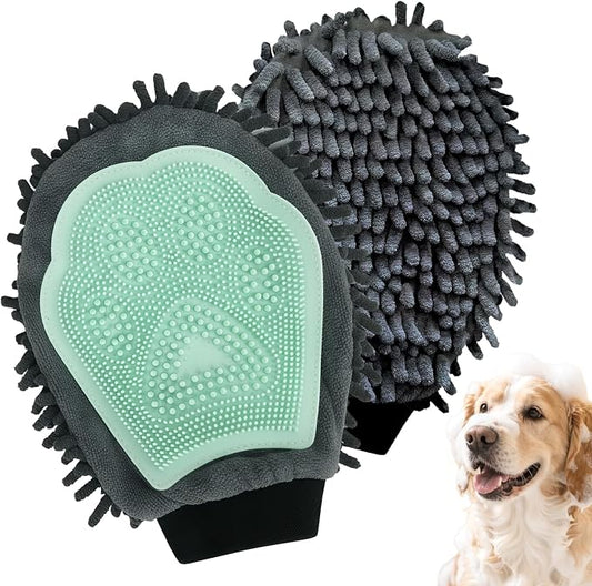 Green Double-Sided Dog Bath Glove Dog Washing Glove Massage Dog Brush Glove for Dogs and Cats Chenille Absorbent Pet Towel Mitt Pet Grooming Glove for Hair Removal Glove