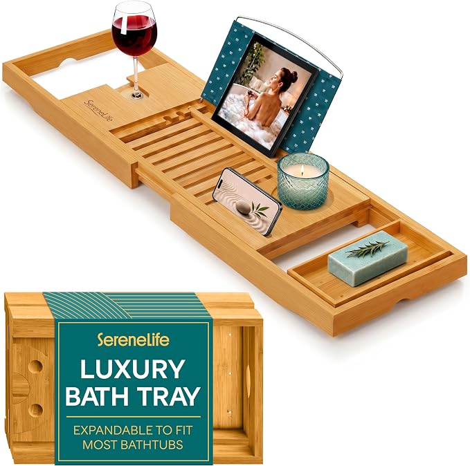 SereneLife Luxury Bamboo Bathtub Caddy Tray - Adjustable Natural Wood Bath Tub Organizer with Wine Holder, Cup Placement, Soap Dish, Book Space & Phone Slot for Spa, Bathroom & Shower - SLBCAD20