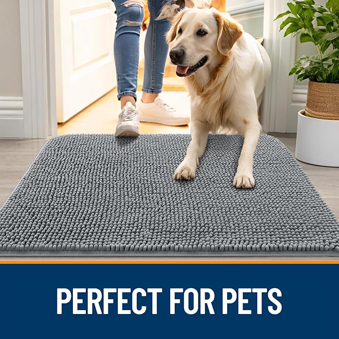 OLANLY Dog Door Mat for Muddy Paws 32x20, Absorbs Moisture and Dirt, Absorbent Non-Slip Washable Doormat, Quick Dry Chenille Mud Mat for Dogs, Entry Indoor Entryway Carpet for Inside Floor, Grey