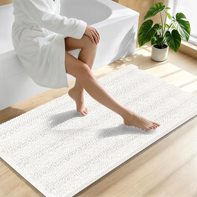 Smiry Thick Chenille Bathroom Runner Rugs 47x24, Extra Absorbent Striped Bath Mat, Machine Washable, Rubber Backing, Long Bath Rugs for Tub & Shower, Modern Home Decor Accessories, Ivory