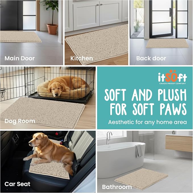 Dog Rugs for Muddy Paws 25x18 | Cleaner Mud Free Floors | Muddy Dogs Mats for Indoor, Dog Mat for Muddy Paws Door Mat Washable, Absorbent Chenille Mud Room Rug Paw Matt w/ Non Slip Backing, Beige