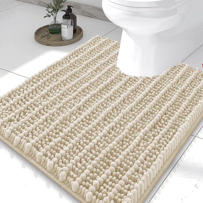 Smiry Bathroom Toilet Rugs U Shaped 24x20, Extra Soft Absorbent Non Slip Rubber Backing Chenille Contour Bath Rugs for Toilet, Machine Washable Contoured Bath Mats, Sand