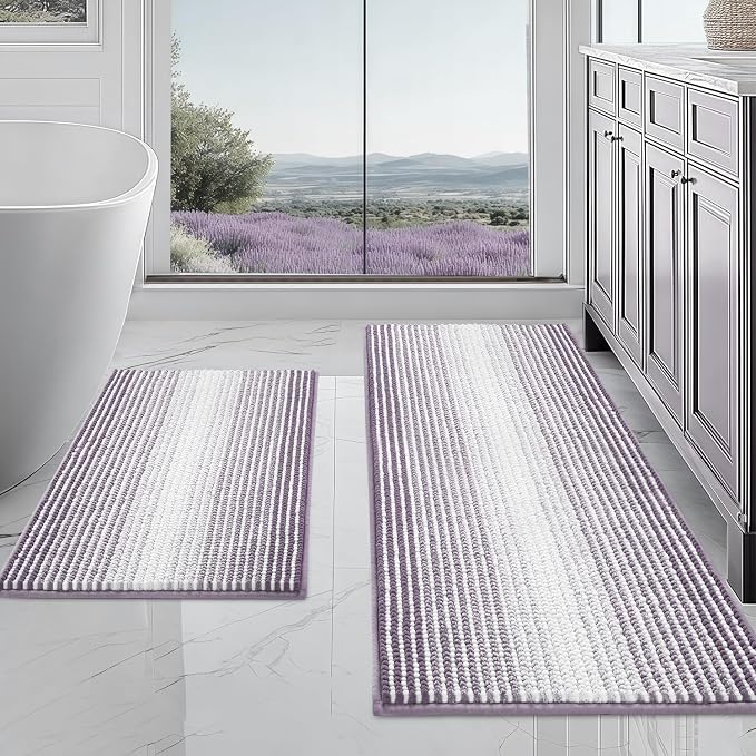BSICPRO Bathroom Rugs and Mats Sets, 2 Piece Thick Absorbent Chenille Non Slip, Soft Shaggy Floor Mats, Machine Washable (Lavender Purple, 20" x 47" Plus 16" x 24")