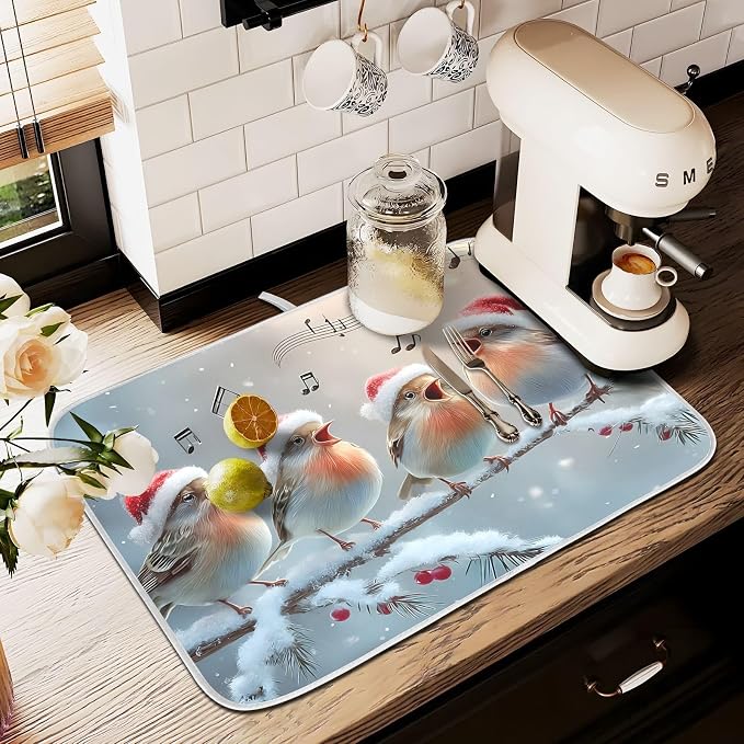 Christmas Birds Singing Dish Drying Mat, Absorbent Drainer Mats for Kitchen Counter Coffee Maker 18"x16"