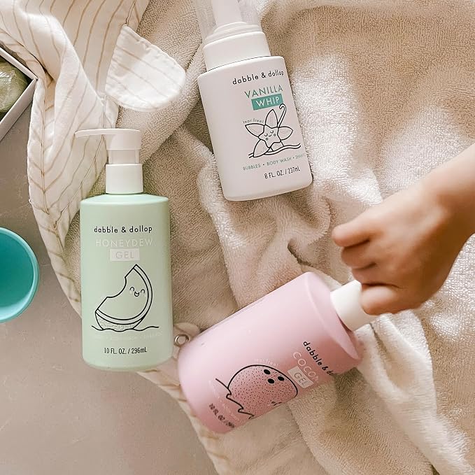 Dabble & Dollop Beachy Kids 3-in-1 Body Wash, Shampoo & Bubble Bath Variety Set – Coconut, Honeydew & Vanilla, Tear-Free, Gentle, Hypoallergenic and Safe for Sensitive Skin (Pack of 3)