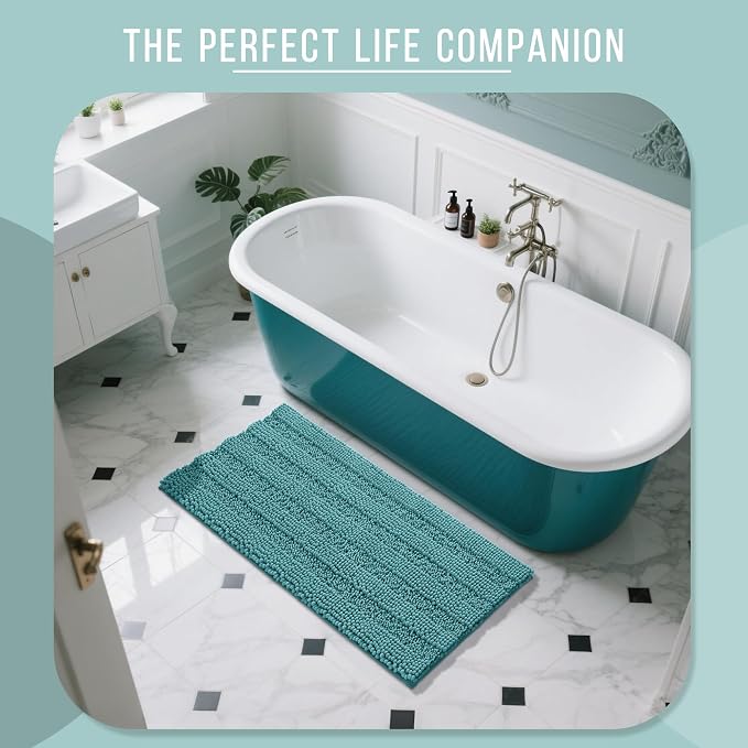 Yimobra Bathroom Rug Mat 44 x 24, Non Slip and Super Absorbent Bath Mat,Machine Washable Quick Dry,Ultra Plush Chenille Shower Rugs for Bathroom Floor Sink Tub and Shower Outside,Teal Blue