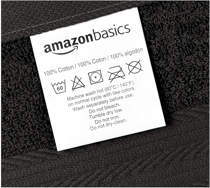 Amazon Basics Highly Absorbent Cotton Washcloths for Face, Soft, Machine Washable, Fade Resistant, 12 x 12 in, Black, (Pack of 144)