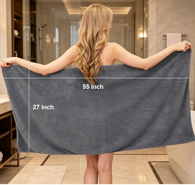 2 Pack Bath Towel Set, Waffle Bath Towel Set, Super Soft Highly Absorbent, Sturdy Quick Drying Towels for Bathroom, Gym, SPA, Yoga (2 Piece 27" x 55", 1Grey+1Purple)