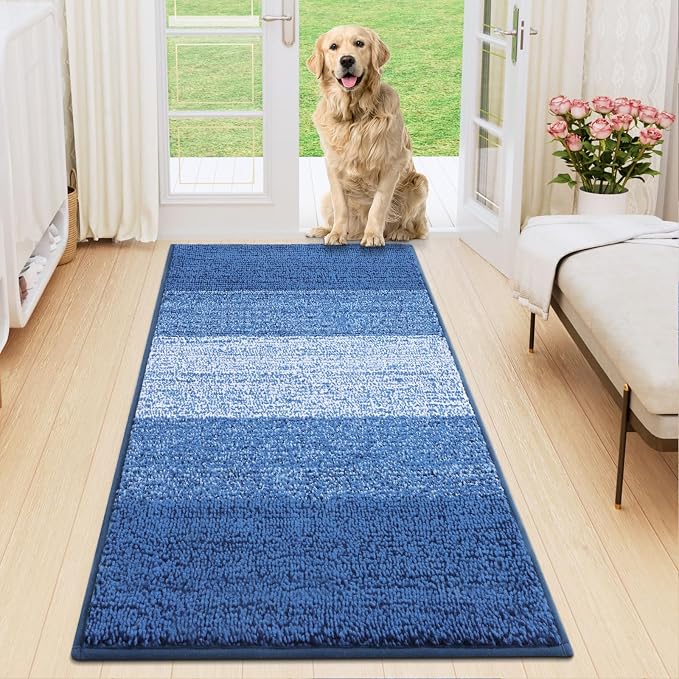 Smiry Dog Door Mat for Muddy Paws, Absorbs Moisture and Dirt, Low-Profile Entryway Mat with Non-Slip Backing, Entry Indoor Outdoor Doormat for Inside Floor (59x20 Inches, Navy Blue, Striped)