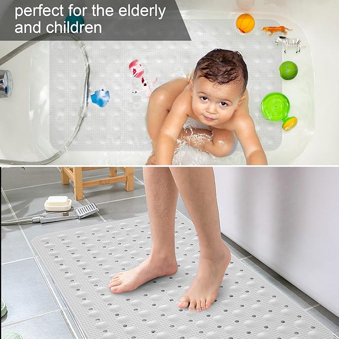 JOYCANO Bath Mat for Tub Non Slip, Shower Mat Bathtub Mat Non Slip, Natural Rubber no Plastic Odors Perfect for Baby and Elder, Tub Mat with Suction Cups, Machine Washable, 28 X 16 inches, White