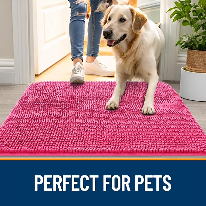 OLANLY Dog Door Mat for Muddy Paws 70x32, Absorbs Moisture and Dirt, Absorbent Non-Slip Washable Doormat, Quick Dry Chenille Mud Mat for Dogs, Entry Indoor Entryway Carpet for Inside Floor, Hot Pink