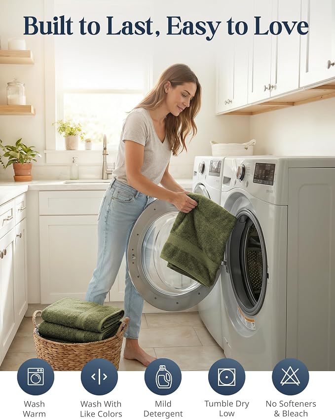 LANE LINEN Cotton Towels for Bathroom - 24 PCs - Highly Absorbent, Durable & Soft - 4 Bath, 4 Fingertip, 6 Hand Towels, 8 Washcloths, 2 Bath Sheets - Family Bundle Pack - Oil Green