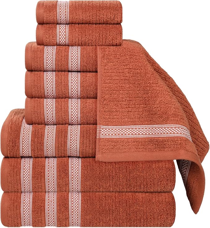 Superior Cotton 9-Piece Towel Set, Zero Twist, Ribbed Geometric, Bathroom Essentials, Shower, Spa, Luxury Plush Soft Absorbent Towels, Includes 3 Bath, 3 Hand, 3 Washcloth/Face Towels, Rust