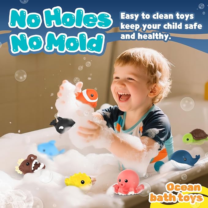 Zippytots 8 PCS Ocean Animal Bath Toys Mold Free Infant Bath Tub Toys for 12 Months - No Hole Bathtub Toys for Toddlers 1-3 Water Pool Toys for Baby Toddler Ages 1+