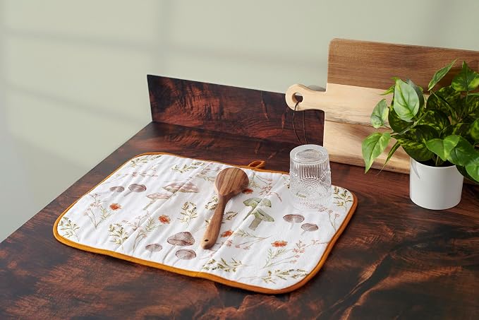 Primitives by Kathy Stylish Kitchen Drying Mat, Full Color Mushroom and Wildflower Art, 21" by 14", Folds for Easy Storage, Machine Washable, Hanger for Air Dry, Garden Themed Kitchen Accessory