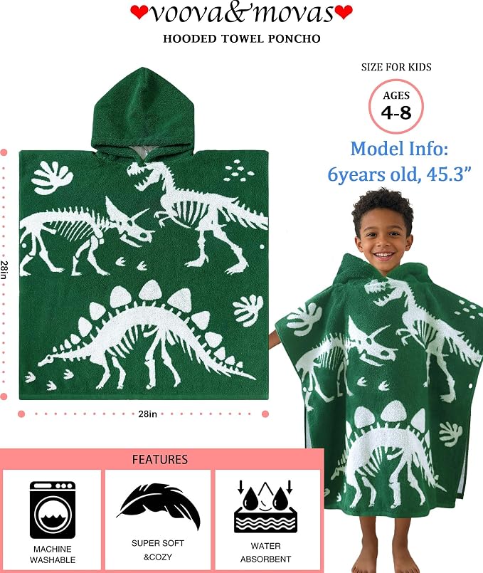 VOOVA & MOVAS Dinosaur Hooded Poncho Towels for Kids (4-8Years,28"x28"),Soft Cotton Thick Absorbent Towel Robe for Toddler Boys,Perfect for Bathroom | Pool | Swimming, Jacquard Green Dino