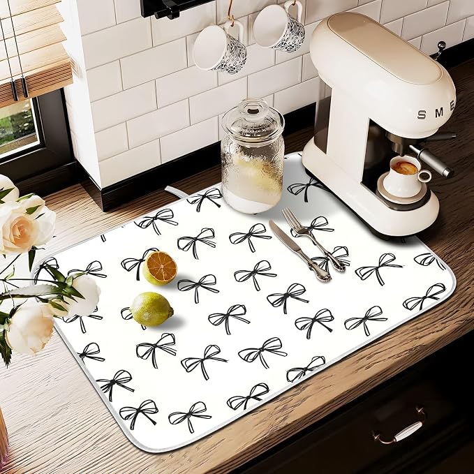 Black Bow Pattern Dish Drying Mat, Absorbent Drainer Mats for Kitchen Counter Coffee Maker 24"x18"