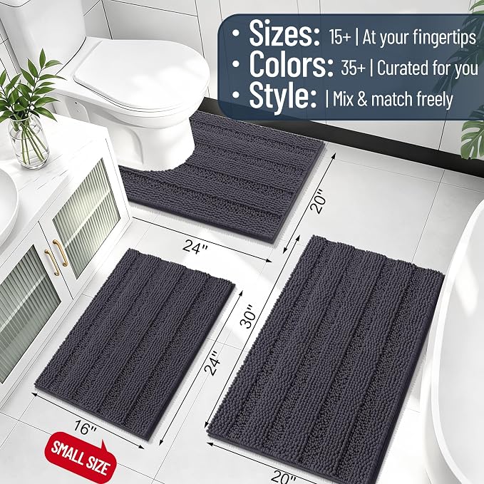 Smiry Thick Chenille Large Bathroom Rugs 44x32, Extra Soft Absorbent Striped Bath Mat, Machine Washable, Rubber Backing, Bath Rugs for Bathroom, Tub & Shower, Home Decor Accessories, Dark Grey