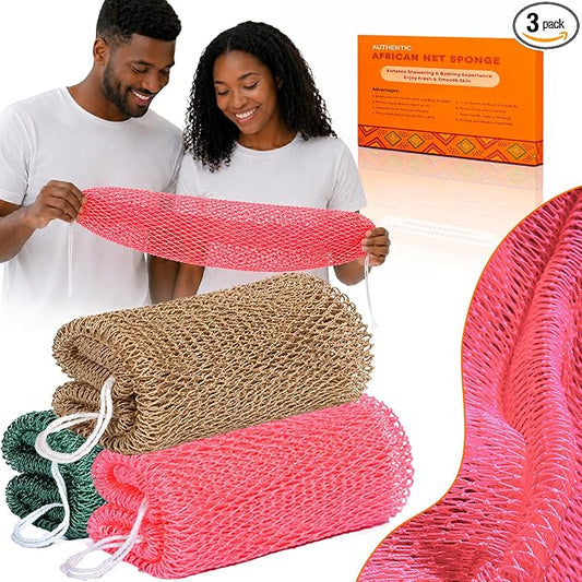 African Net Sponge Authentic, 3 Pcs Real African Exfoliating Net Sponge with Knots for Daily Shower Stretch Back Scrubber for Women and Men Bath Travel Gift Gym Use (Olive Green+Champagne Gold+Pink)