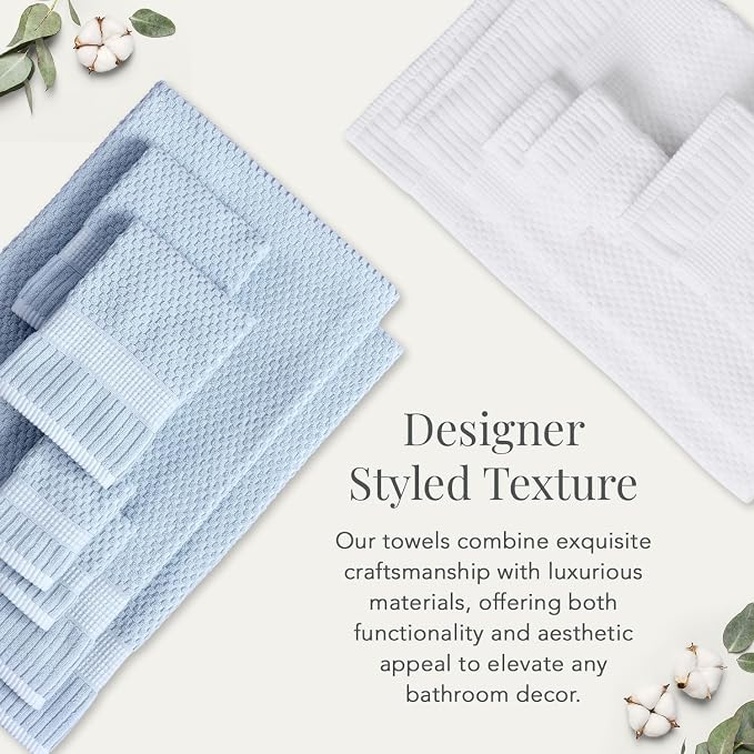 NY Loft 100% Cotton 6-Pack Hand Towel Set | Blue | Oeko-TEX | Quick-Dry | Six 16" x 28" Hand Towels | Super Absorbent | Designer-Styled Texture