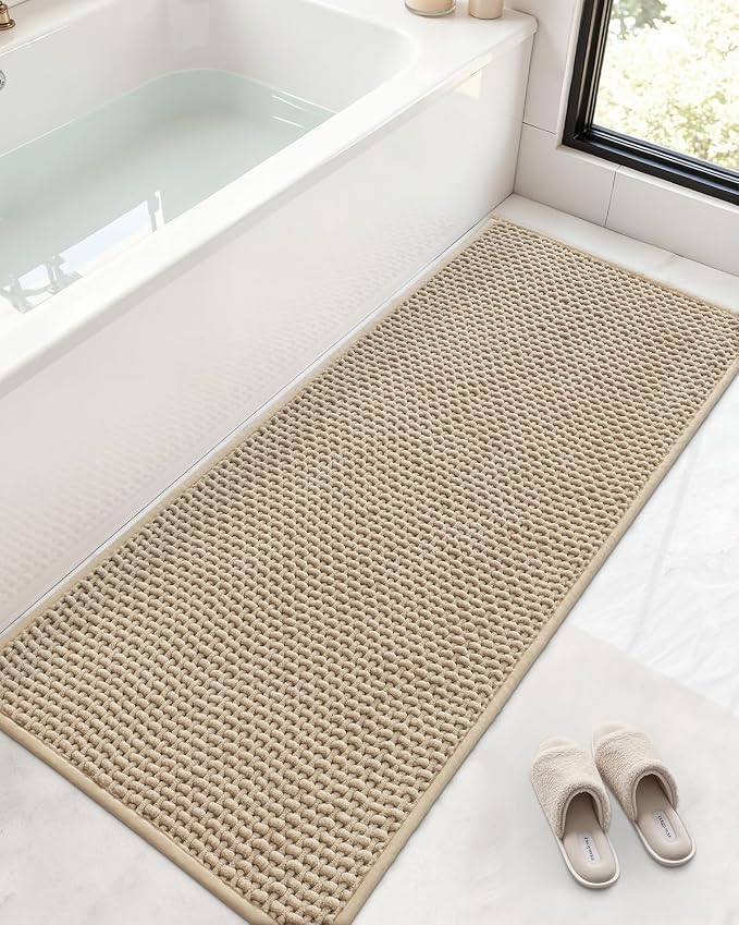 Color&Geometry Rubber Backed Waffle Bath Mat 72x24, Non Slip Water Washable Bathroom Rugs, Soft Absorbent Chenille Boho Carpet for Bathroom Floor, Tub and Shower, Beige