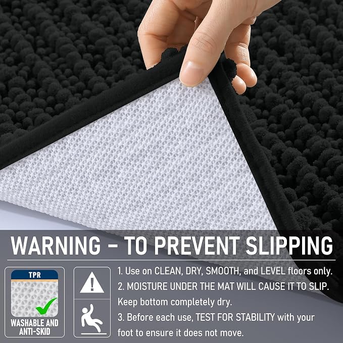 OLANLY Bathroom Rug Mat 40x32, Thick Soft and Absorbent Chenille Bath Mat, Non-Slip Rubber Backing, Machine Washable Quick Dry Bath Rugs for Tub Shower Floor, Home Decor Accessories, Black