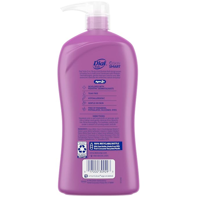 Dial Kids All-in-1 Body + Hair + Bubble Bath, Lavender Scent, 32 Fl Oz, Hypoallergenic Body Wash & Shampoo, No Tears Formula for Kids 2+ Years, No Parabens & Silicones (Pack of 2)
