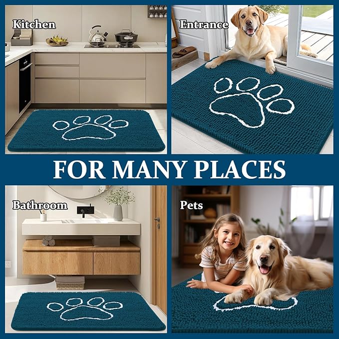 OLANLY Dog Door Mat for Muddy Paws 47x17, Paw Print Design, Absorbs Moisture and Dirt, Absorbent Non-Slip Washable Doormat, Quick Dry Chenille Mud Mat, Entry Indoor Entryway Carpet, Atlantic Blue