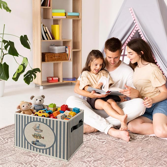 Ocean Nautical Nursery Foldable Storage Bins Box with Handles, Blue Striped Nautical Boat Collapsible Organizer Basket for Boys Kids Bedroom Bathroom Playroom Clothes Books