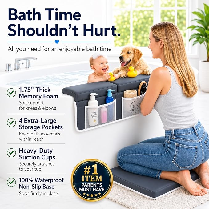 Comfortable Baby Bath Kneeler and Elbow Rest Pad Set, Non-Slip Bathtub Kneeling Pad for Bathing Baby, Bath Tub Cushion Mat, Elbow Pads, Toy Organizer Storage Pockets, Strong Suction Cups (Dark Gray)