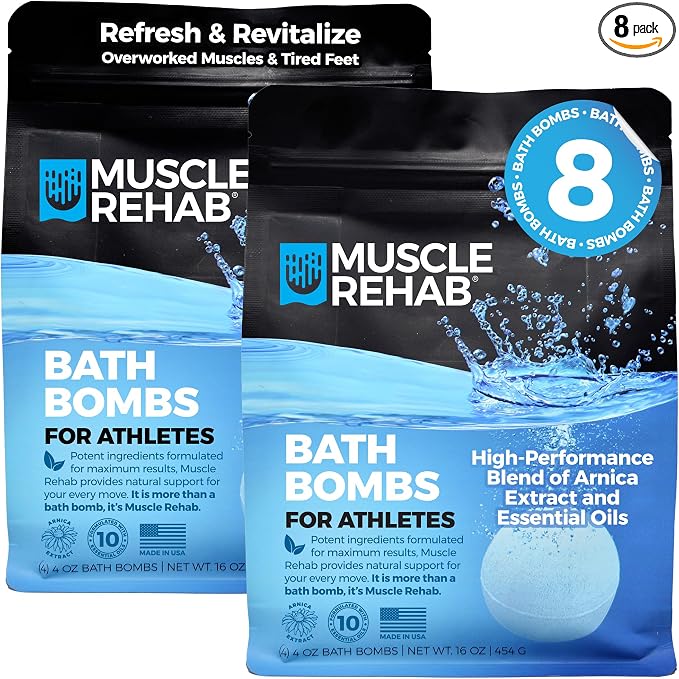 Muscle Rehab Epsom Salt Bath Bombs for Sore Muscles (8 Pack, 2x4) | Magnesium Recovery Soak with Arnica for Post-Workout Muscle Recovery & Relaxation | Eucalyptus, Turmeric & Essential Oils