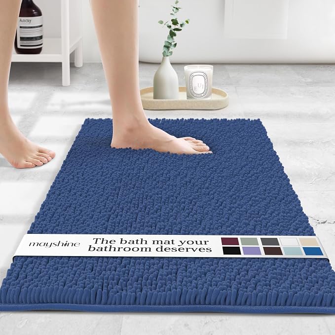 MAYSHINE Plush Shaggy Chenille Bath Mat | Extra Soft, Super Absorbent, Non-Slip Bathroom Rug | Fluffy Microfiber, Area Rug Sets for Bathroom Floor, Kitchen, Living Room | 24"x17" | Dark Blue