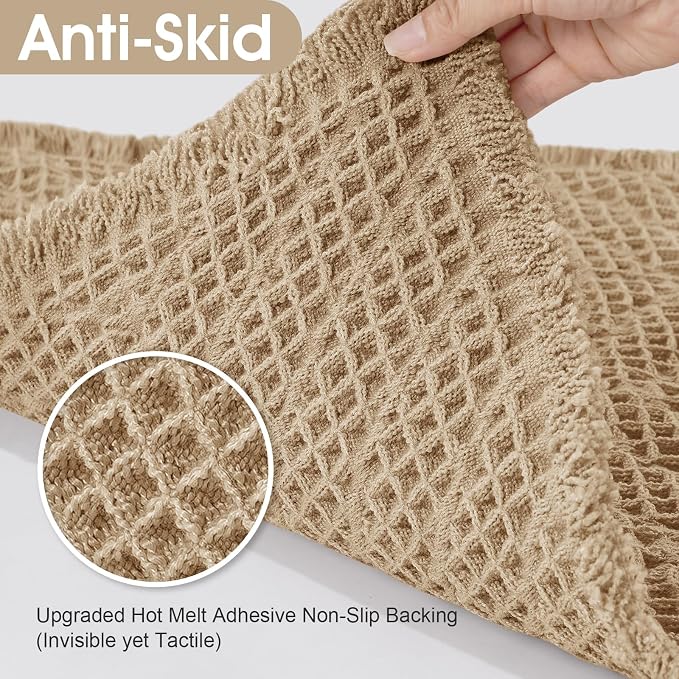 Upgraded Waffle Bath Mat Set 2 Piece Beige-Herringbone, Super Absorbent Non-Slip Quick Dry Bathroom Rugs with Tassels, Machine Washable Ultra Soft Boho Bath Rugs, Toilet Mats Boho Farmhouse Decor
