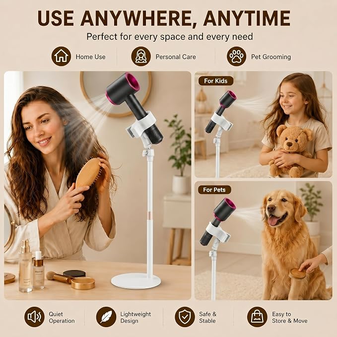 Hair Dryer Stand Holder, Hands-Free Adjustable Countertop Stand, Stable Round Base, 360° Rotating Ball Joint, Fits Most Hair Dryers, White