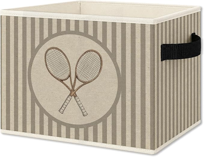 Tennis Sports Boy Storage Bins Box with Handles, Sports Kids Decor for Boys, Neutral Striped Tennis Racket Collapsible Organizer Basket for Nursery Room Bedroom Playroom Toys Books
