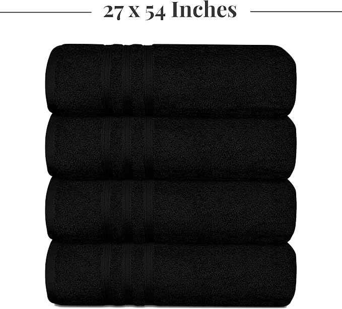 Tens Towels Pack of 4 Soft Bath Towels, 100% Cotton, 27 x 54 Inches, Lightweight & Quick-Dry, Ideal for Daily Bathroom Use, Practical & Comfortable, Black