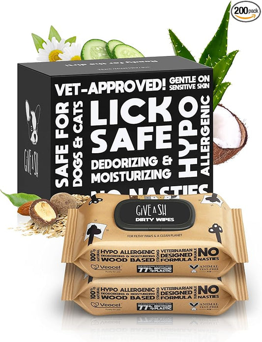Lick-Safe Daily Pet Wipes for Dogs & Cats - Vet-Approved & Hypoallergenic - Cleans Mud, Odor & Dander - Wipes for Paws, Face & Butt - 10% to Charity - Earth-Friendly & Unscented Cleaning - Pack of 200