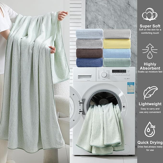 4 Piece Bath Towel Set 35"x70"Oversized Bath Towel for Bathroom Ultra Soft Fluffy Extra Large Bath Sheet Luxury Premium Bathroom Towel Highly Absorbent Quick Dry Shower Towel for Hotel Spa,Green White