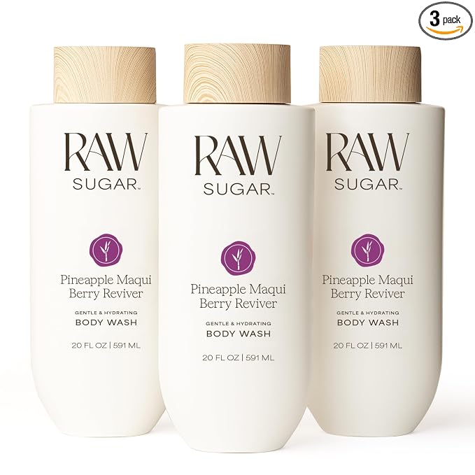 RAW SUGAR Pineapple Maqui Berry Reviver Gentle & Hydrating Body Wash, 20 Fl Oz (Pack of 3), Moisturizing & Smoothing Bath & Shower Gel, Vegan, Formulated without SLS/SLES & Parabens
