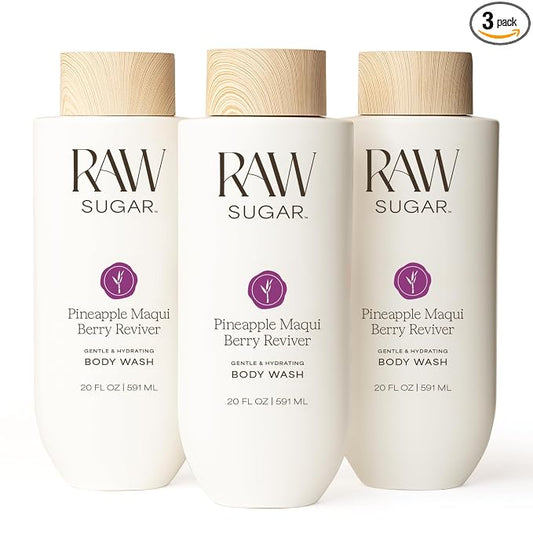 RAW SUGAR Pineapple Maqui Berry Reviver Gentle & Hydrating Body Wash, 20 Fl Oz (Pack of 3), Moisturizing & Smoothing Bath & Shower Gel, Vegan, Formulated without SLS/SLES & Parabens