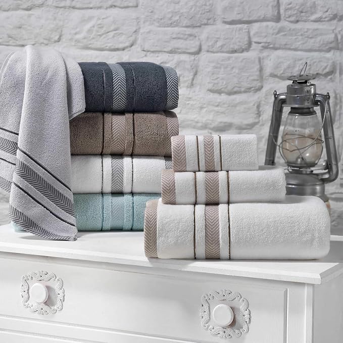 Bath Towels Set for Bathroom – Luxury 6-Piece Cotton Towels, Soft Absorbent & Quick Dry, 600 GSM Bath Towels for Bathroom, Hotel Spa Quality (White/Grey, 2-Bath Towel Set)