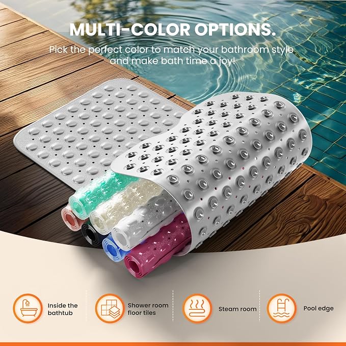 Non-Slip Bath Tub Mat, 39x16 Inch Extra Large Shower Mat with Drain Holes & Suction Cups, Machine Washable, White