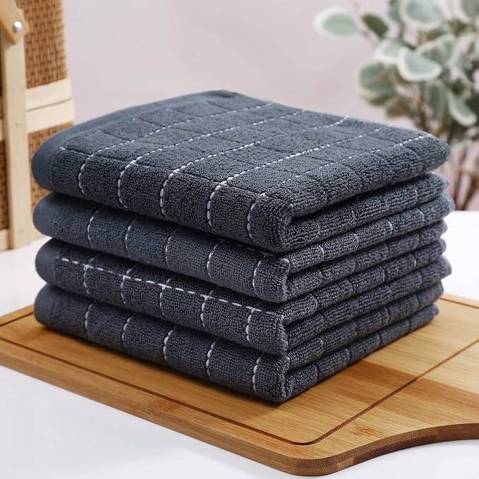 Homaxy 100% Cotton Terry Kitchen Towels(Dark Grey, 20 x 28 inches), Checkered Designed, Soft and Super Absorbent Dish Towels, Large 8 Pack